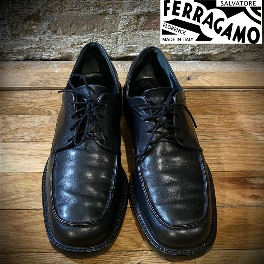 Salvatore Ferragamo Mens Black  Apron Toe Derby Sz US 9.5 D  Made In Italy